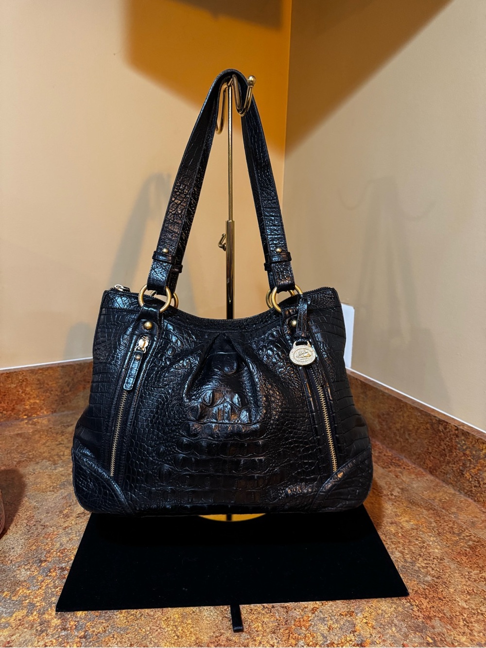 Brahmin Black Croc-Embossed Shoulder Bag with Gold Hardware
